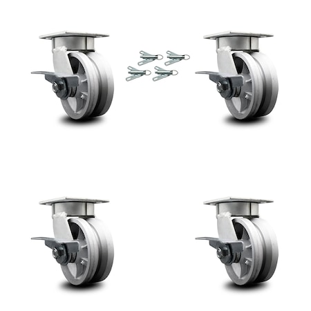 5 Inch Kingpinless V Groove Semi Steel Wheel Caster Set With Brake & Swivel Lock